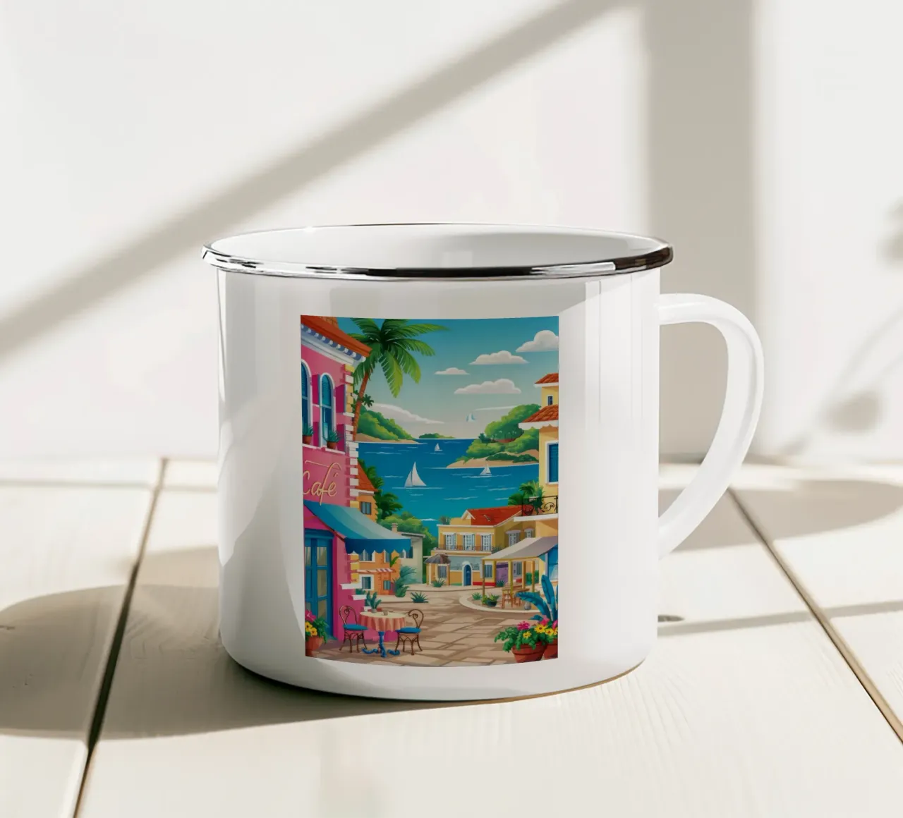 Promenade au marché du bord de mer mug en émail de Jasper Rune