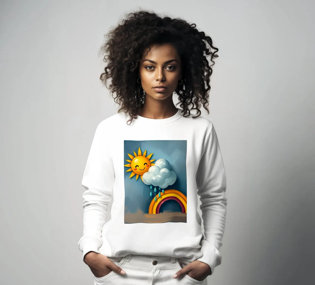 Whimsical sun character peeking out from behind a cloud sweatshirt by DesignDoodle