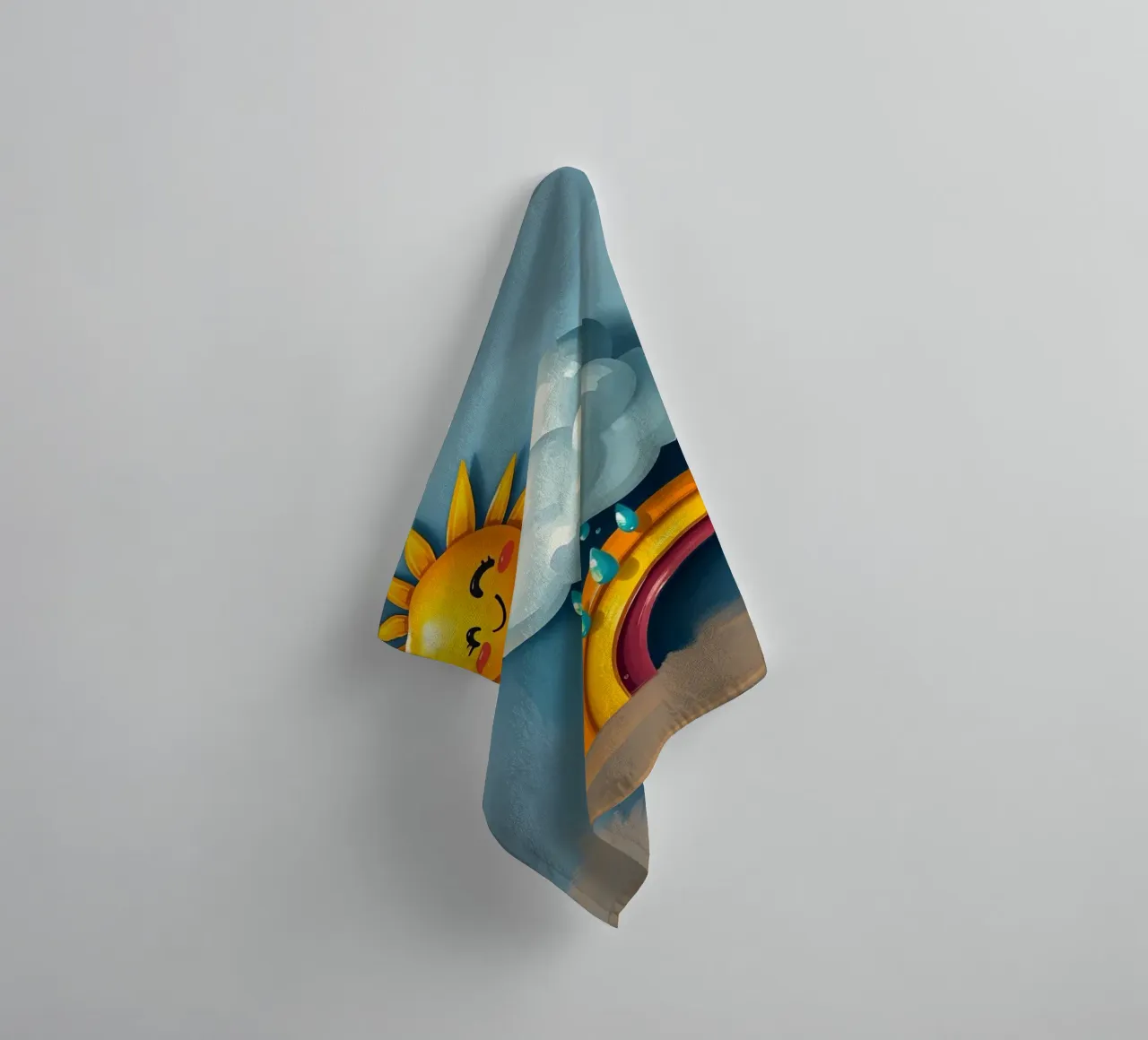 Whimsical sun character peeking out from behind a cloud towel by DesignDoodle