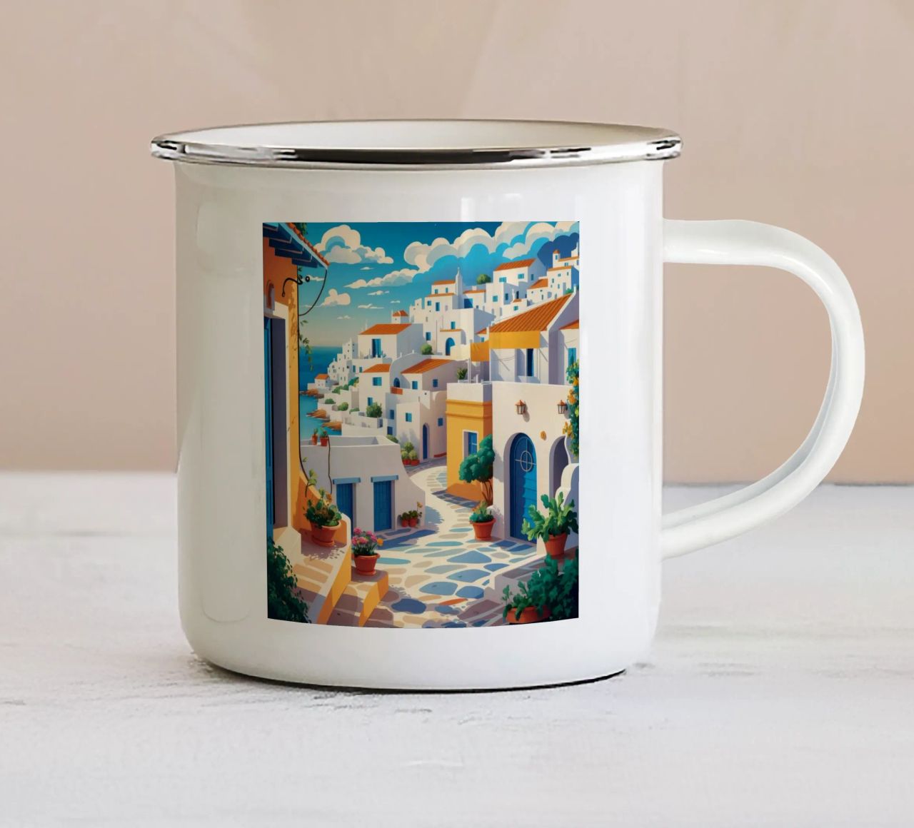 Sogno estivo di Santorini tazza in smalto da Haven Mirage
