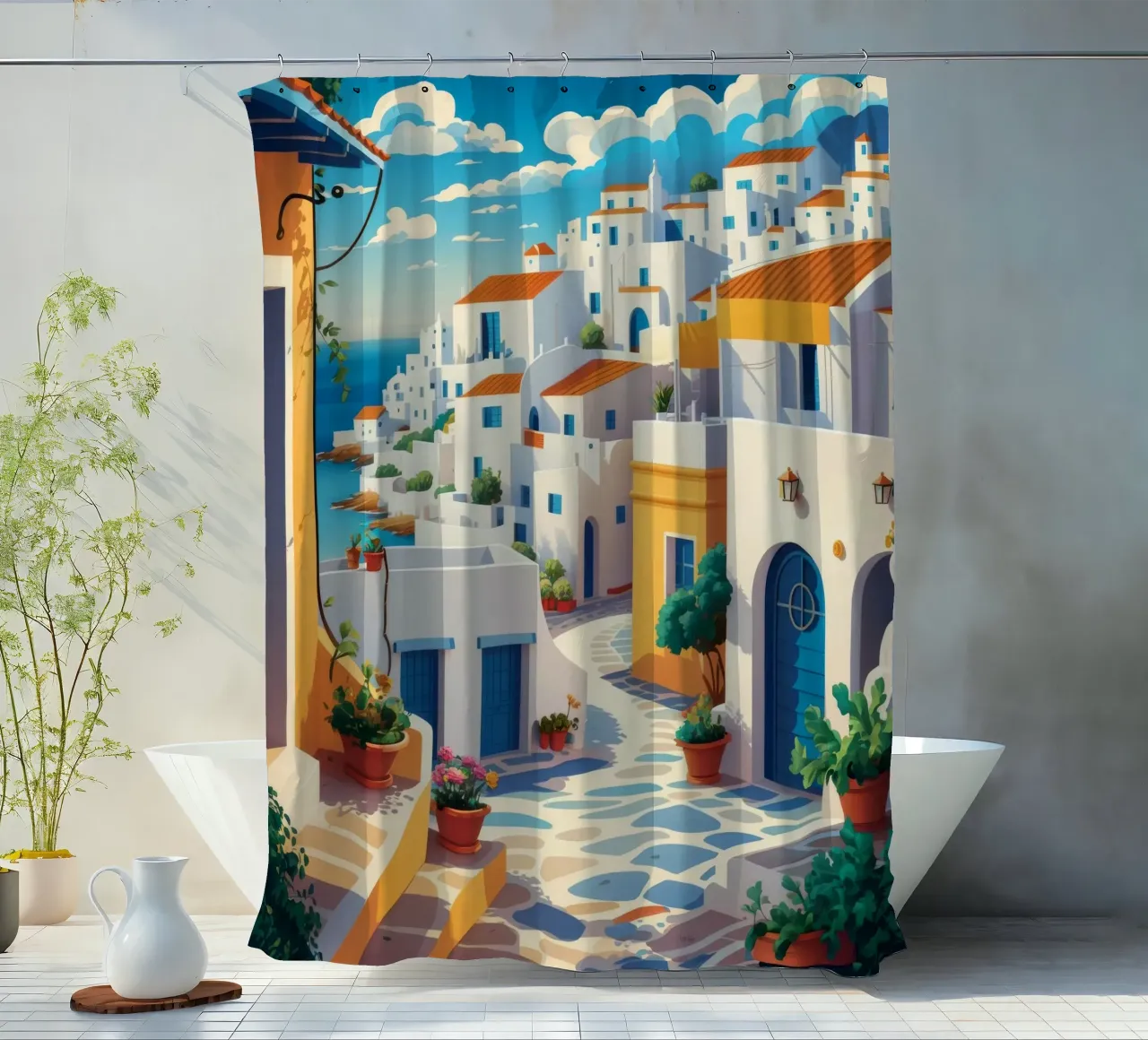 Santorini Sommer Traum Duschvorhang von Haven Mirage