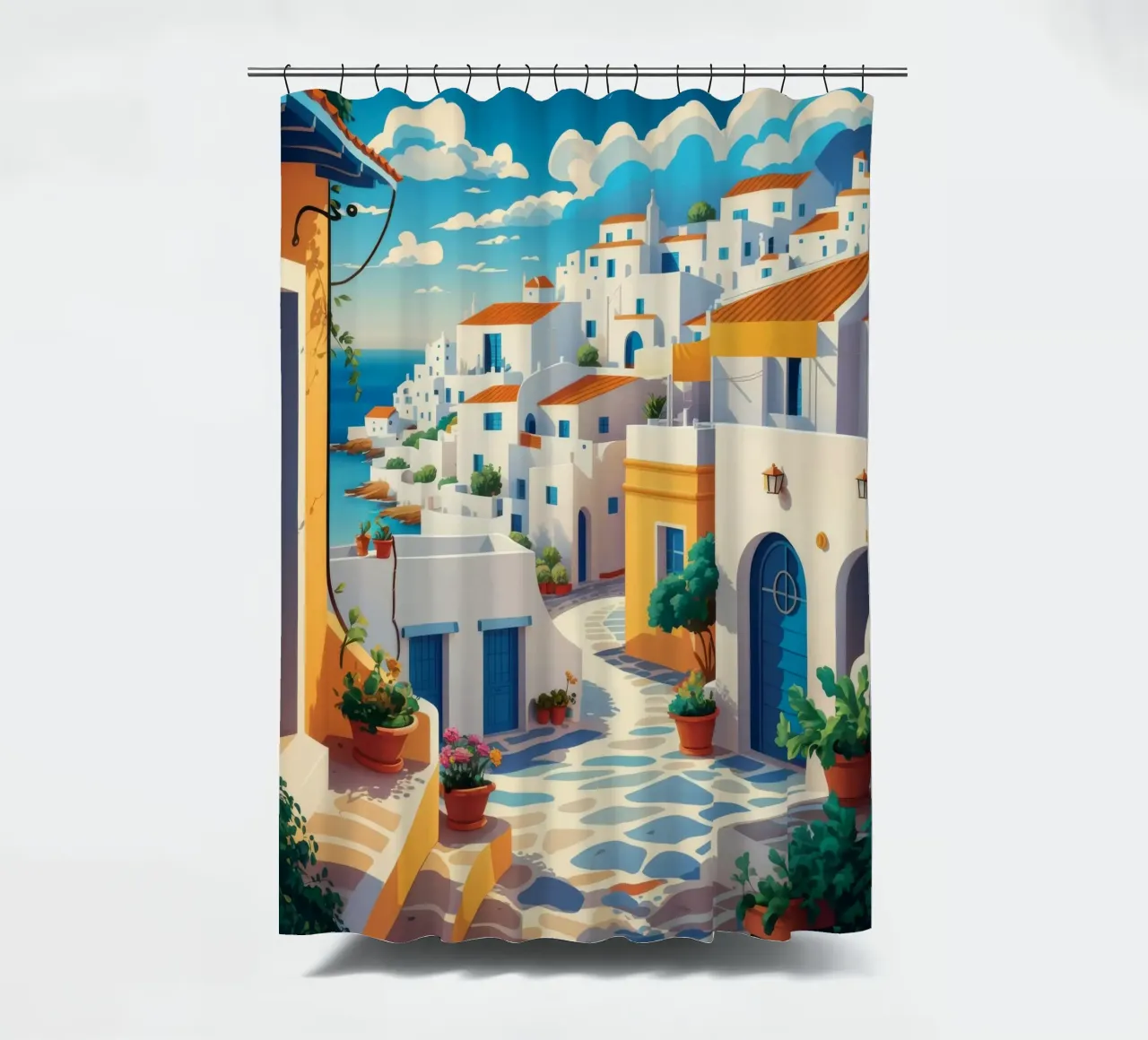 Santorini Sommer Traum Duschvorhang von Haven Mirage