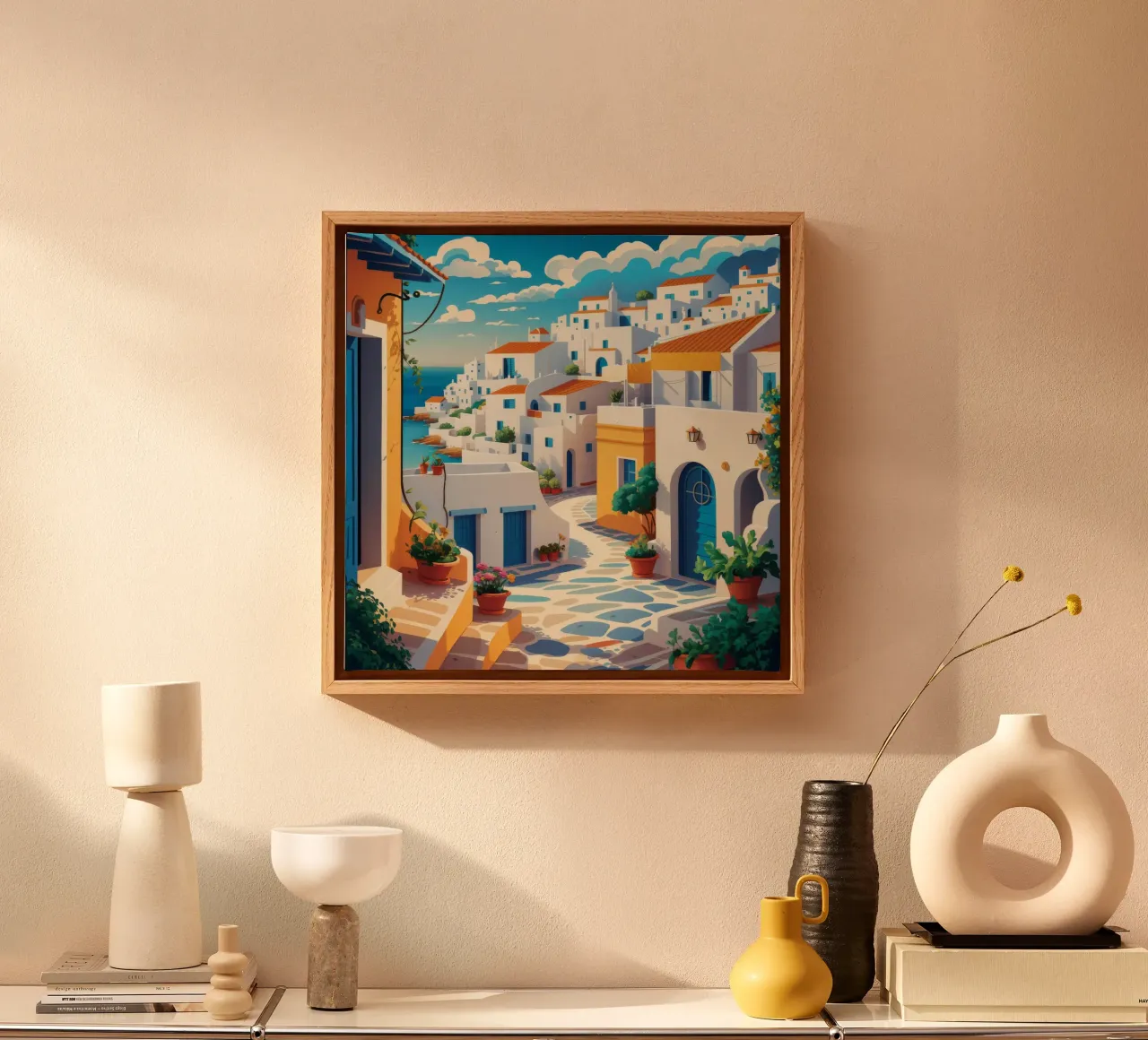 Santorini Sommer Traum Leinwand mit Schattenfugenrahmen von Haven Mirage