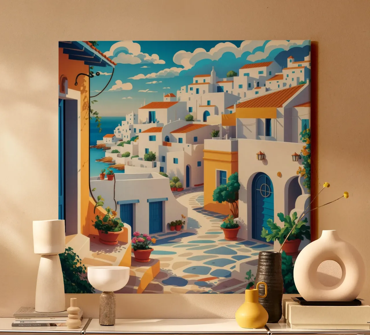 Santorini Sommer Traum Leinwand mit Schattenfugenrahmen von Haven Mirage