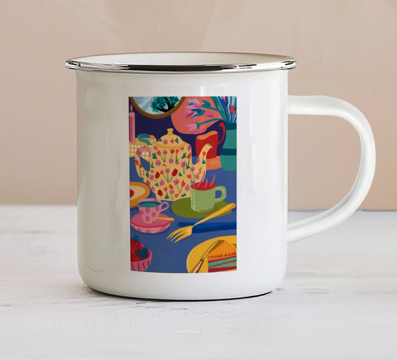 Abstracte theepot draaikolken emaille mok van Haven Mirage