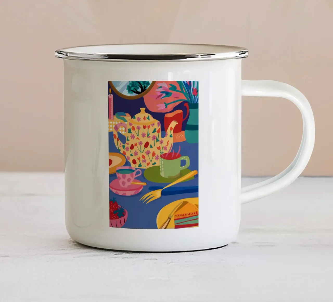 Abstract Teapot Swirls enamel mug by Haven Mirage