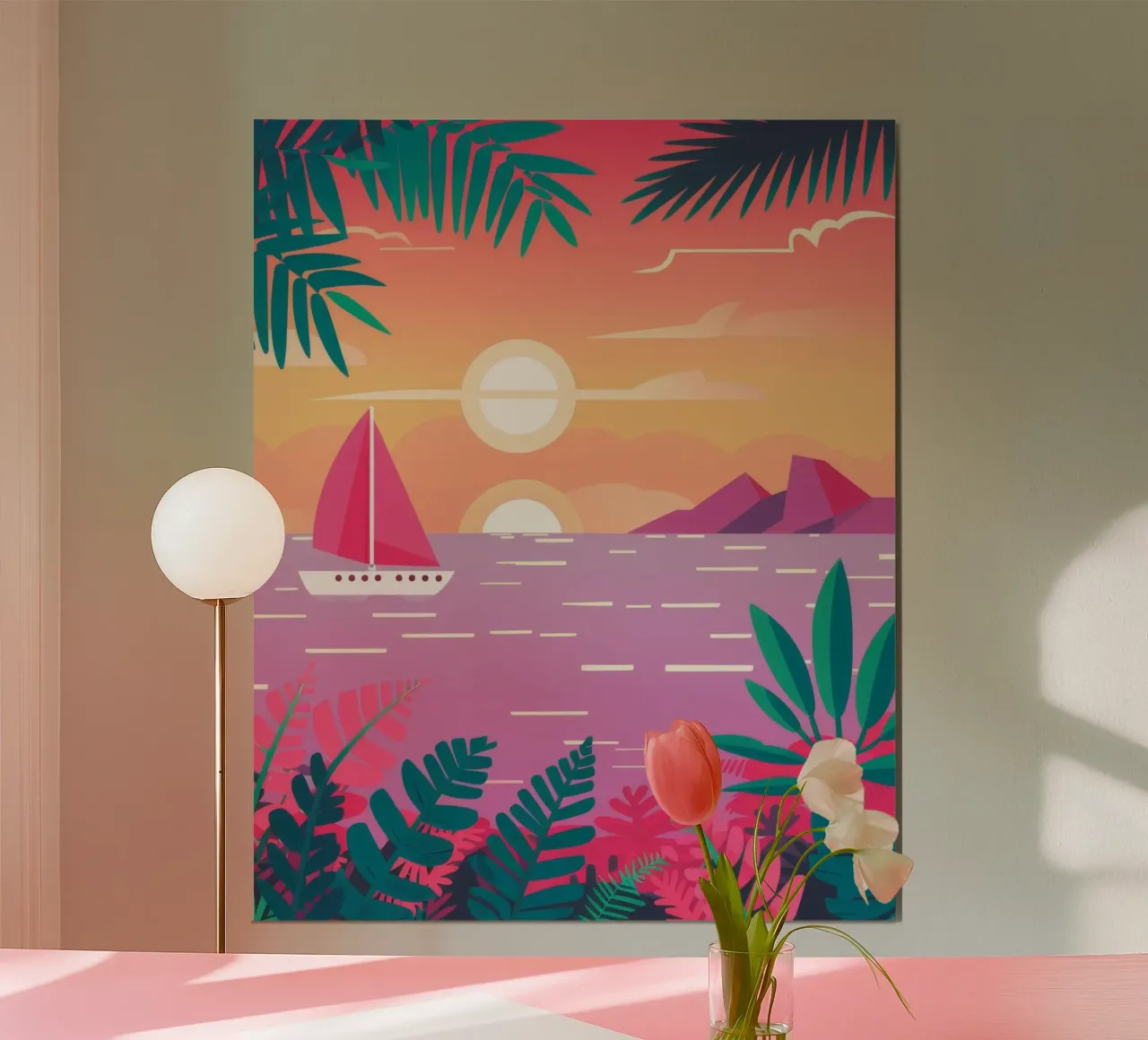 Vela al tramonto Serenity poster con telaio in legno da Haven Mirage