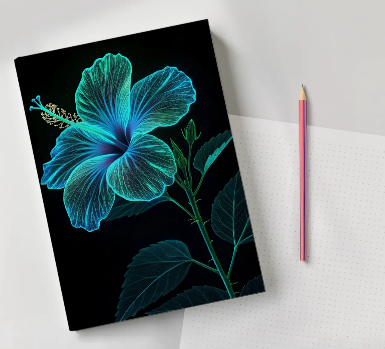 Luminous Cyan Hibiscus - Bioluminescent Floral Art notebook by Artistic-shop