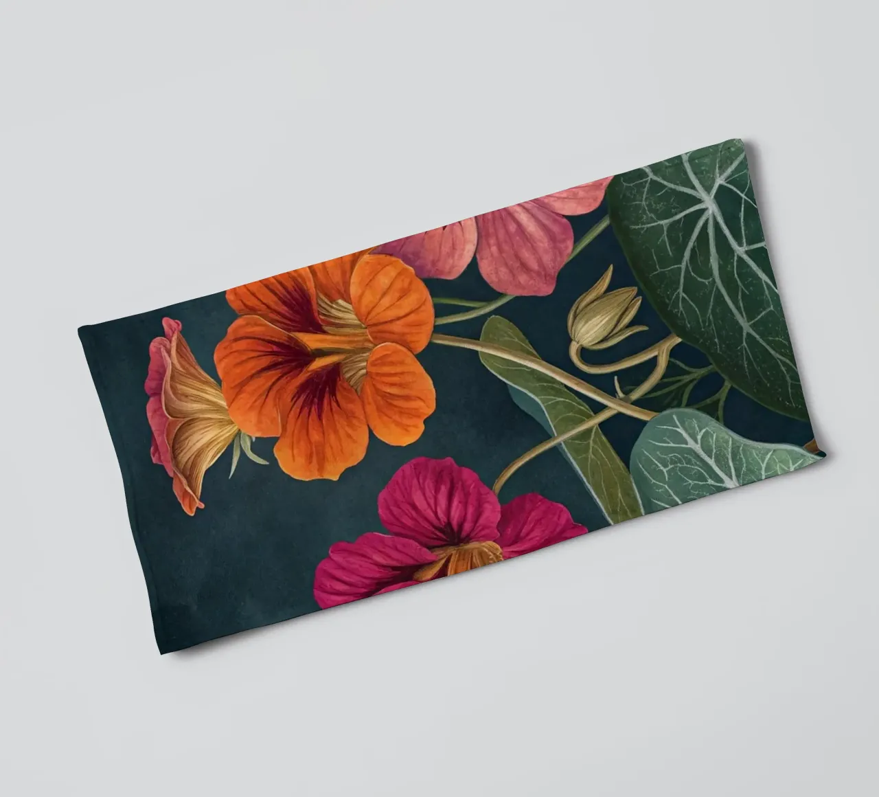 Vibrant Nasturtium Bloom on Dark Canvas towel by Artistic-shop