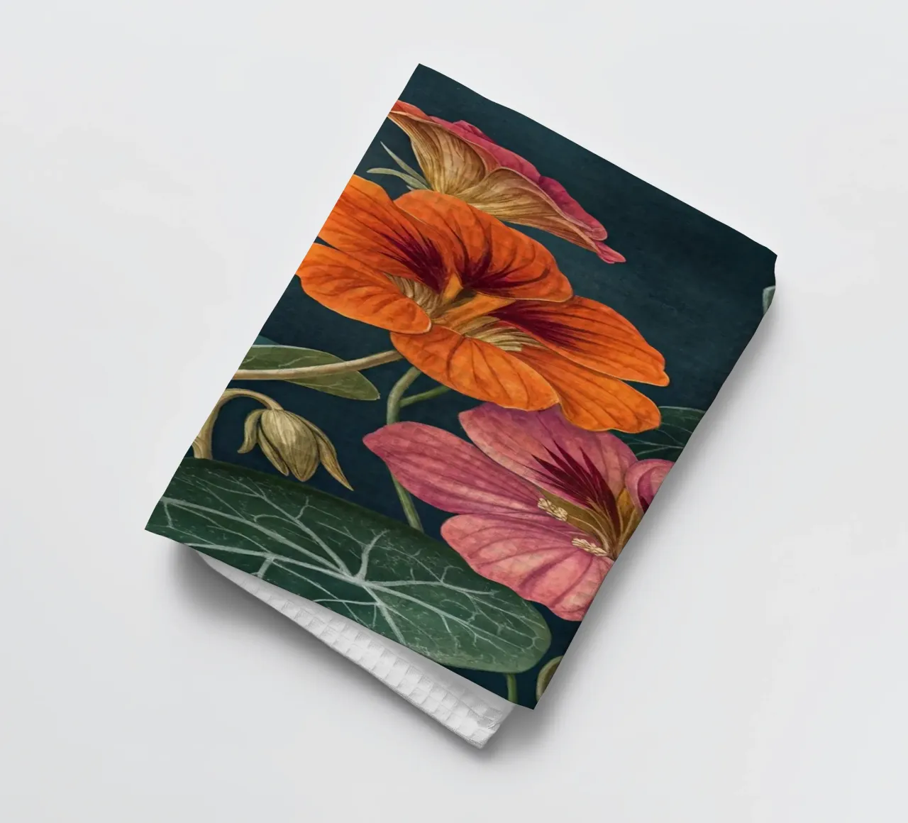 Vibrant Nasturtium Bloom on Dark Canvas tea towel by Artistic-shop
