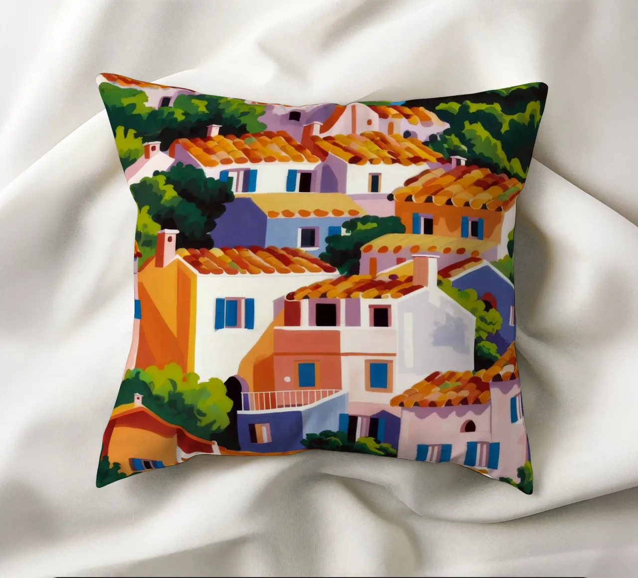 Whitewashed Village Rooftops decorative cushion by Paez Harmony