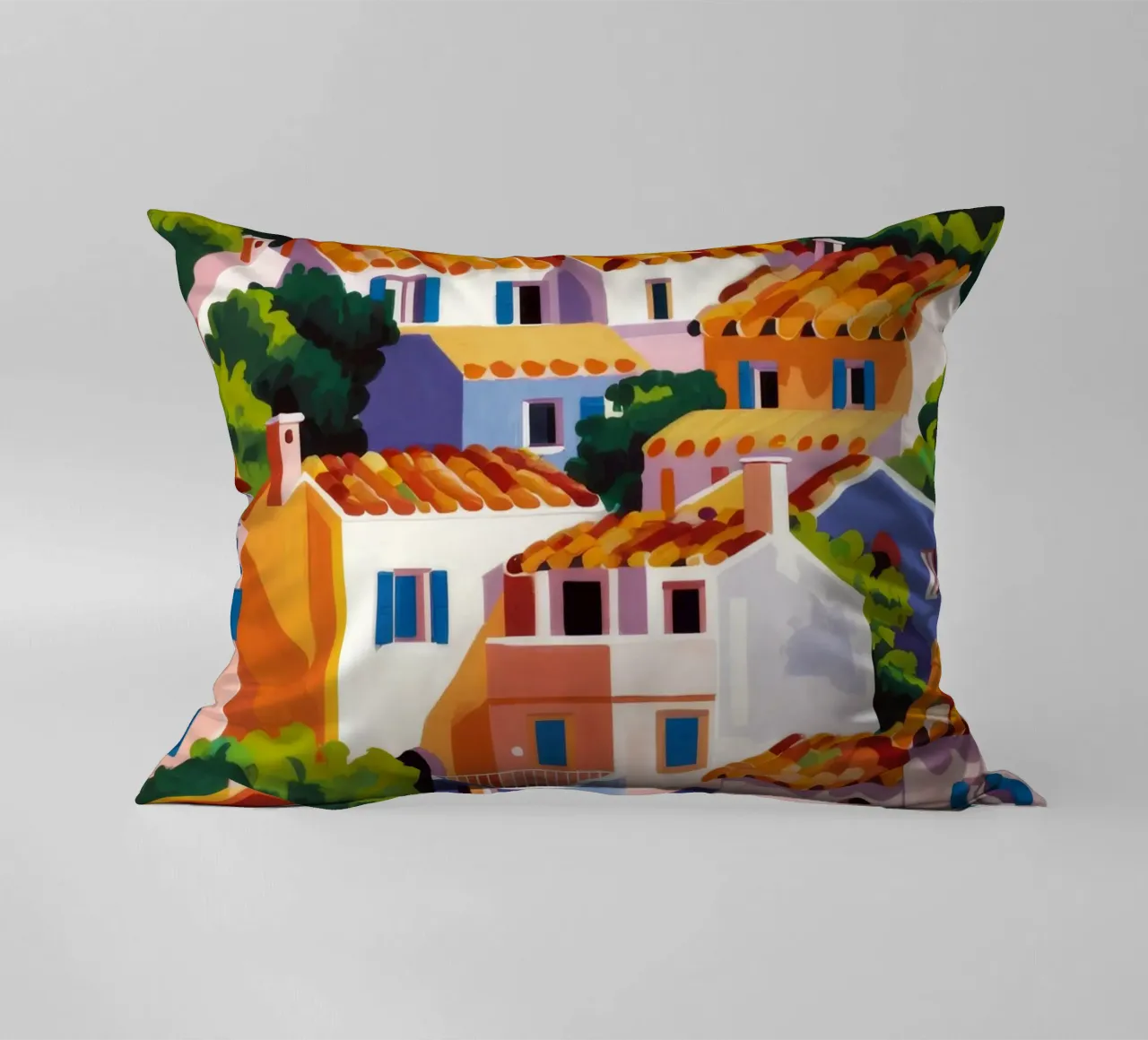 Whitewashed Village Rooftops decorative cushion by Paez Harmony