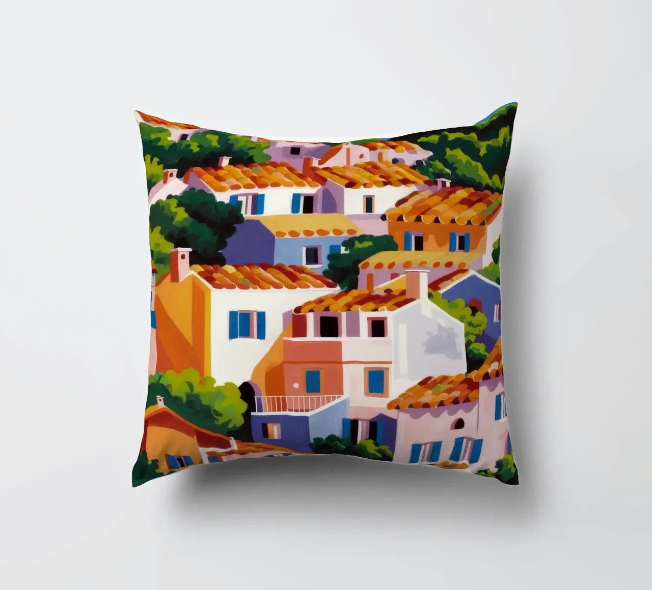 Whitewashed Village Rooftops decorative cushion by Paez Harmony