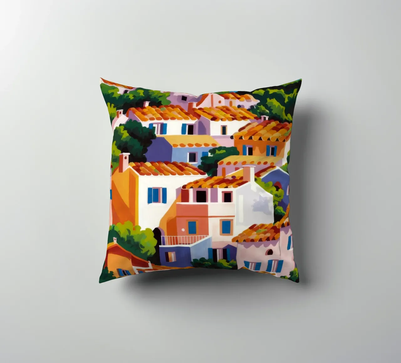 Whitewashed Village Rooftops decorative cushion by Paez Harmony
