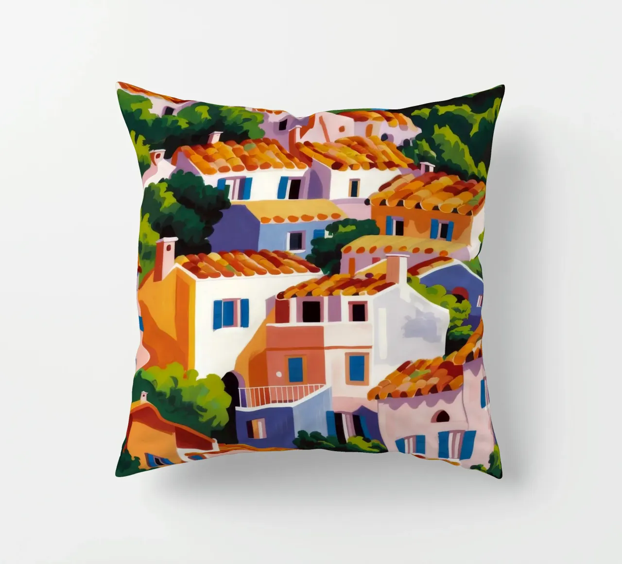 Whitewashed Village Rooftops decorative cushion by Paez Harmony