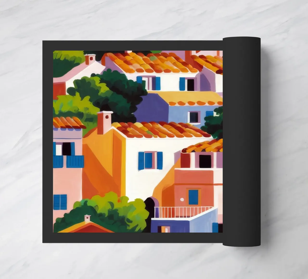 Whitewashed Village Rooftops doormat by Paez Harmony