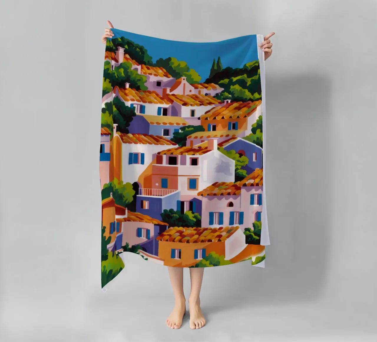 Whitewashed Village Rooftops beach towel by Paez Harmony