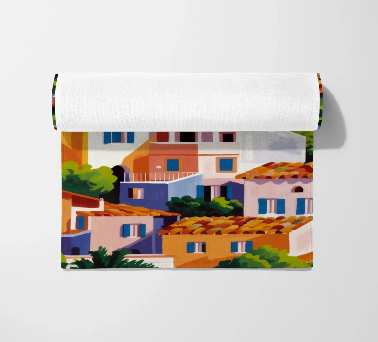 Whitewashed Village Rooftops beach towel by Paez Harmony