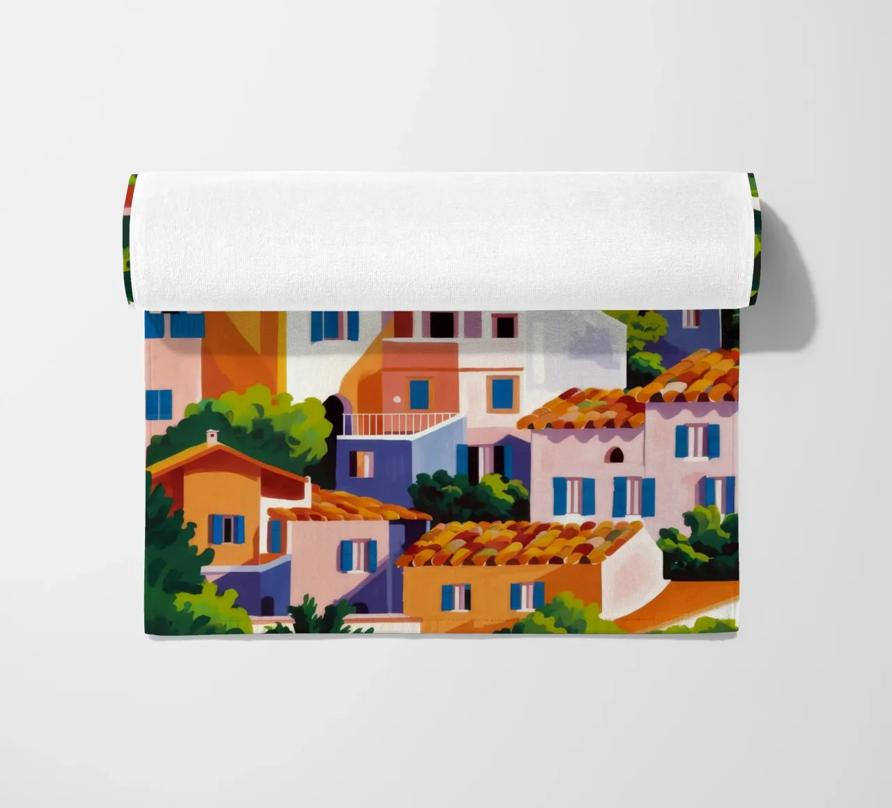 Whitewashed Village Rooftops beach towel by Paez Harmony