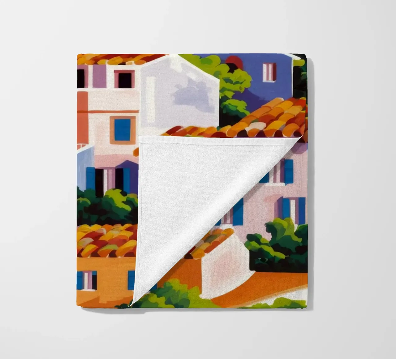 Whitewashed Village Rooftops beach towel by Paez Harmony