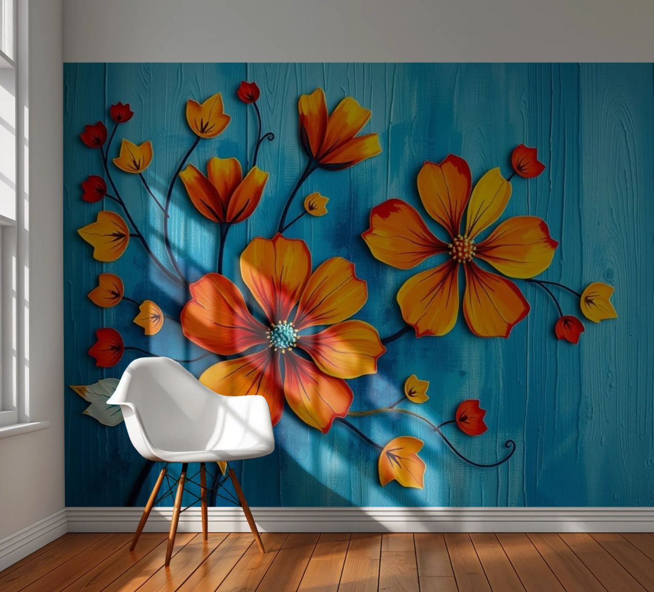 Vibrant Orange & Blue Floral Medley photo wallpaper by Artistic-shop