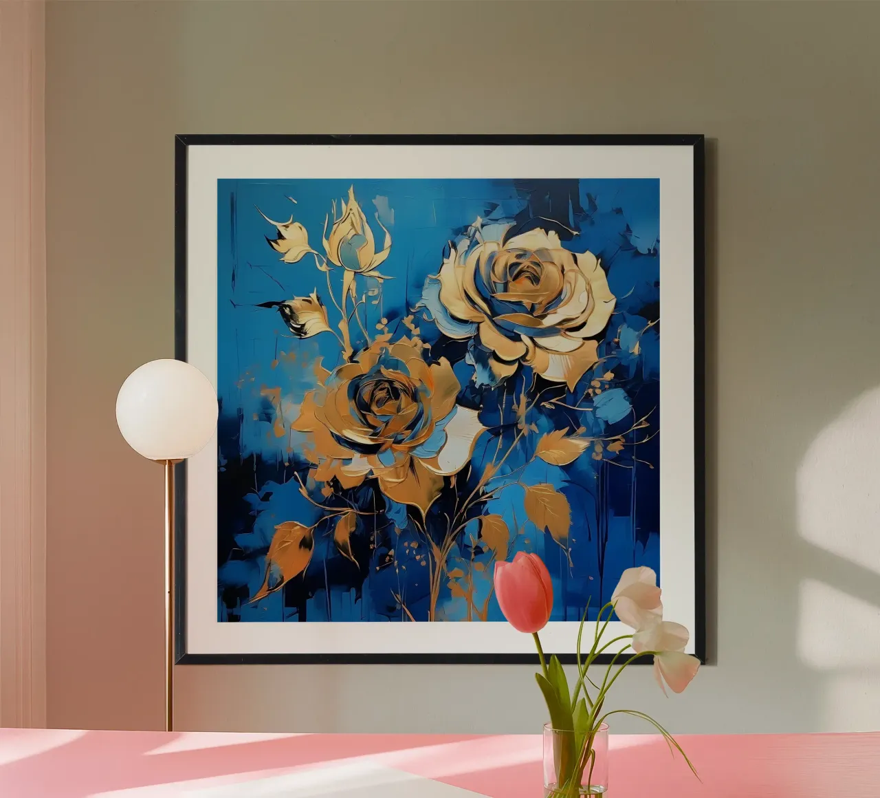 rose_oro_blu_1 poster con telaio in legno da Farb- und Blütenzauber by LK