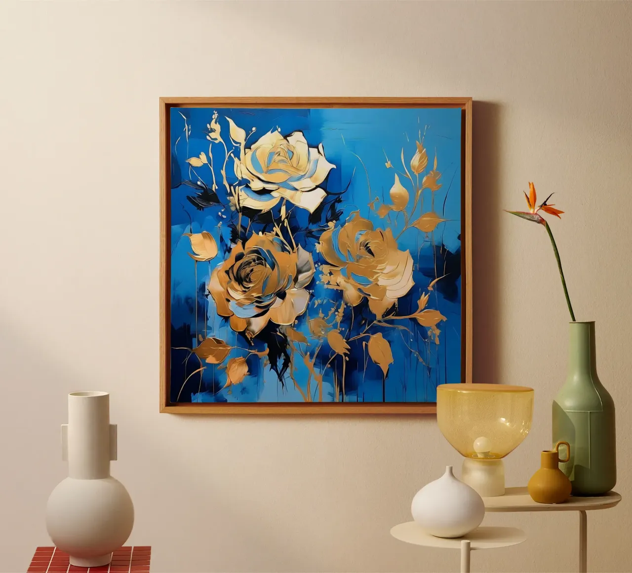 rozen_goud_blauw_2 canvas met Baklijst van Farb- und Blütenzauber by LK