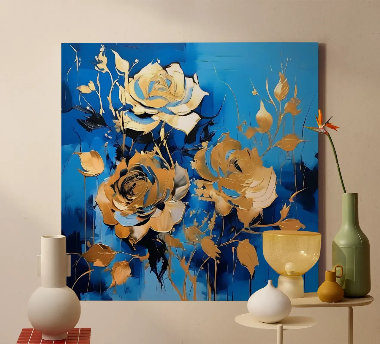 rozen_goud_blauw_2 canvas met Baklijst van Farb- und Blütenzauber by LK