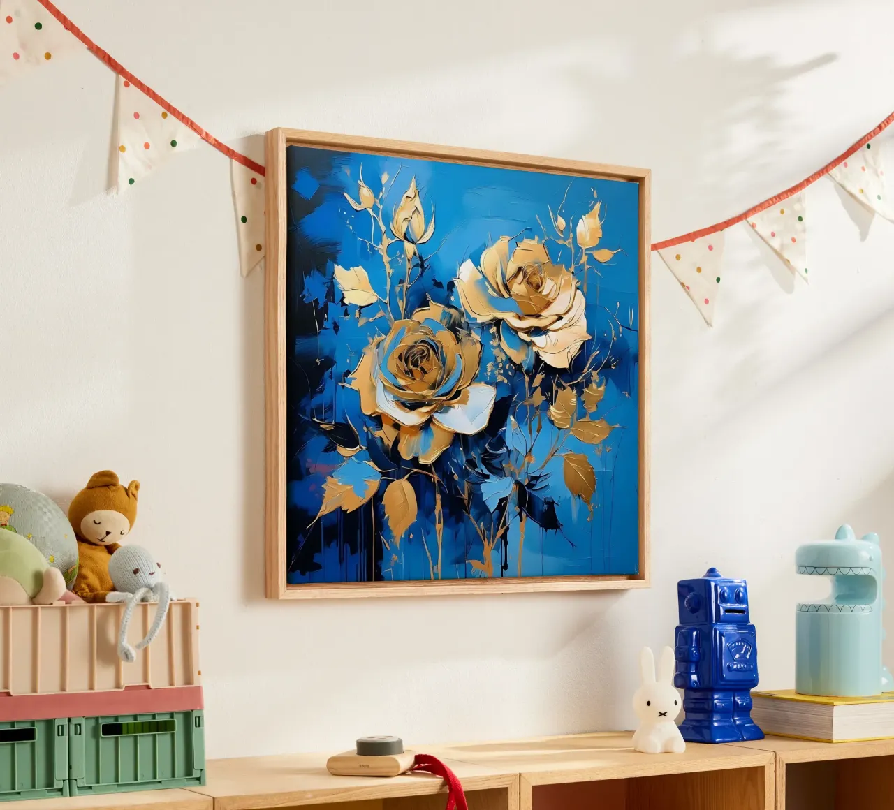 rozen_goud_blauw_3 canvas met Baklijst van Farb- und Blütenzauber by LK