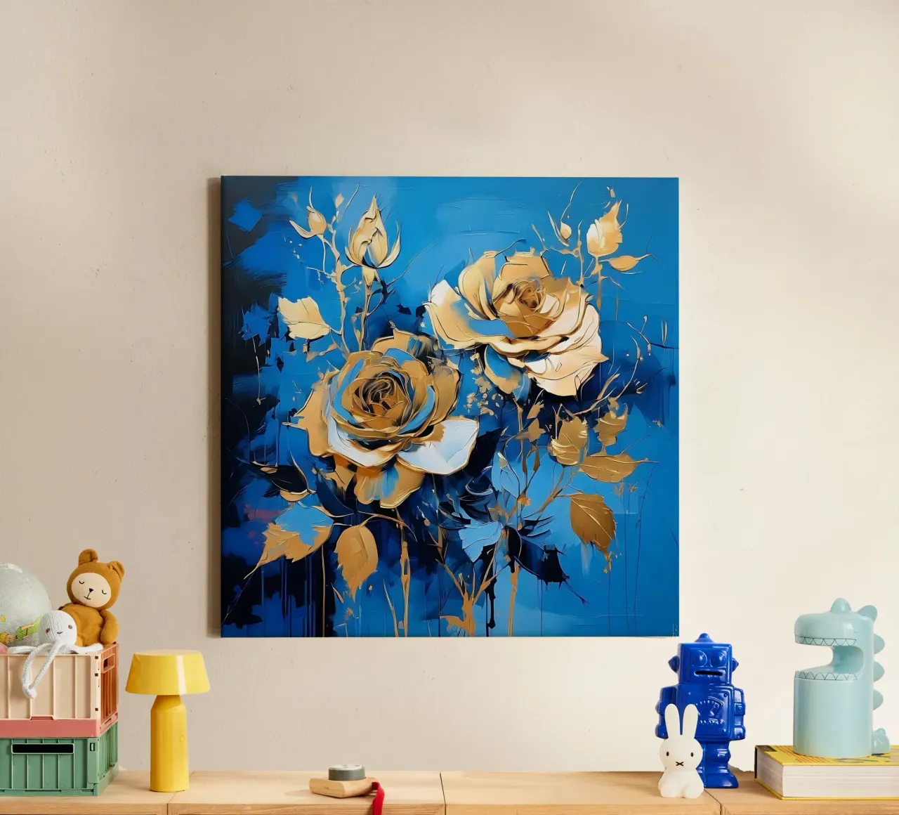 rozen_goud_blauw_3 canvas met Baklijst van Farb- und Blütenzauber by LK