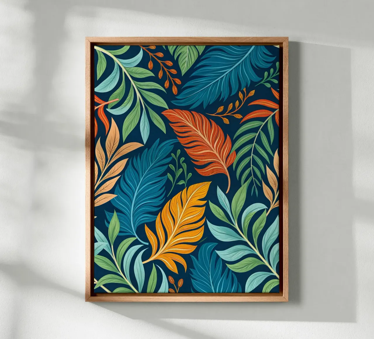 Tropical Paradise Feathers & Foliage Pattern canvas with Floater frame by Artistic-shop
