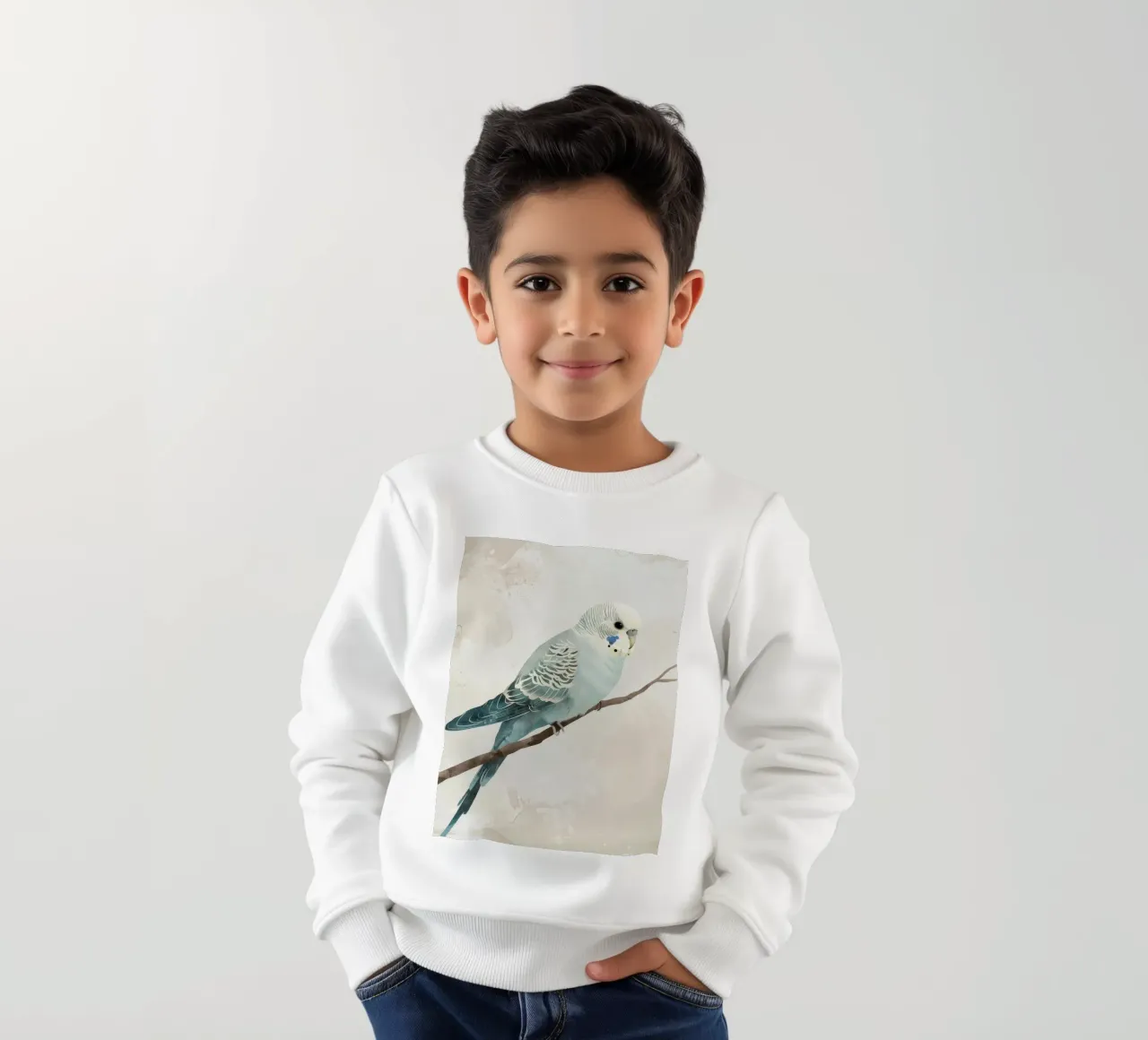 Budgerigar on Branch Beige Background kids sweatshirt by DesignDoodle