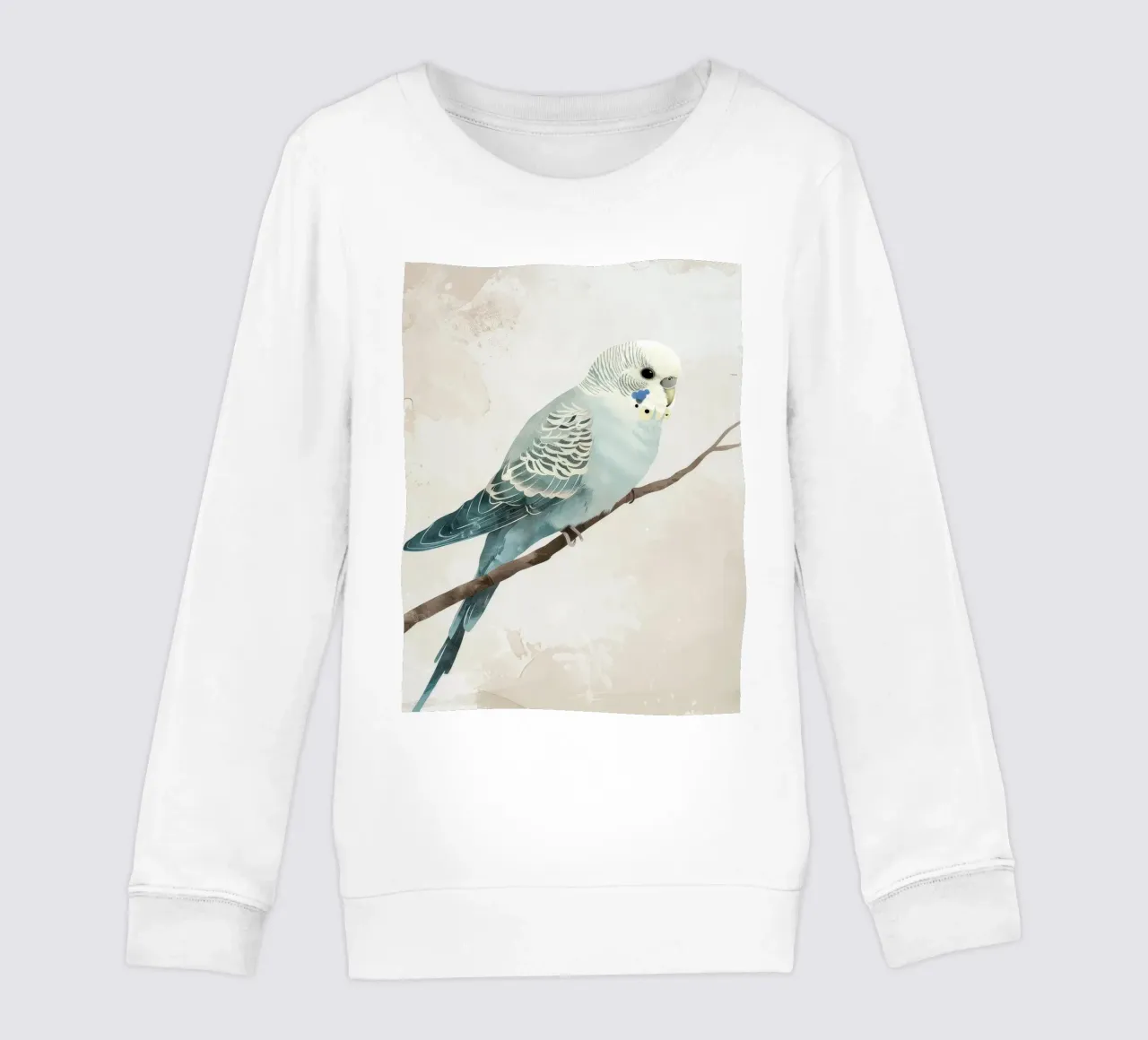 Budgerigar on Branch Beige Background kids sweatshirt by DesignDoodle