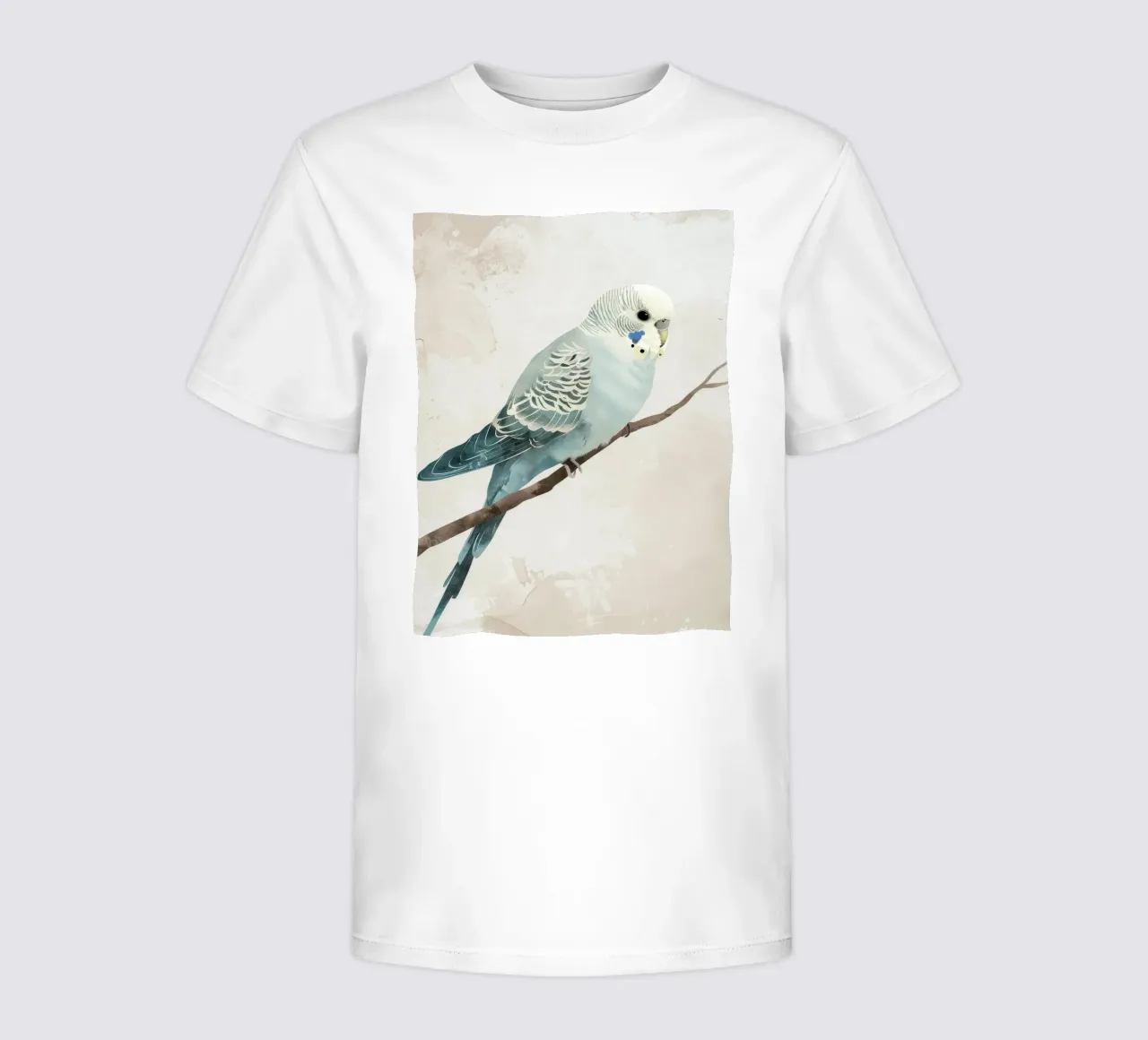 Budgerigar on Branch Beige Background kids t-shirt by DesignDoodle