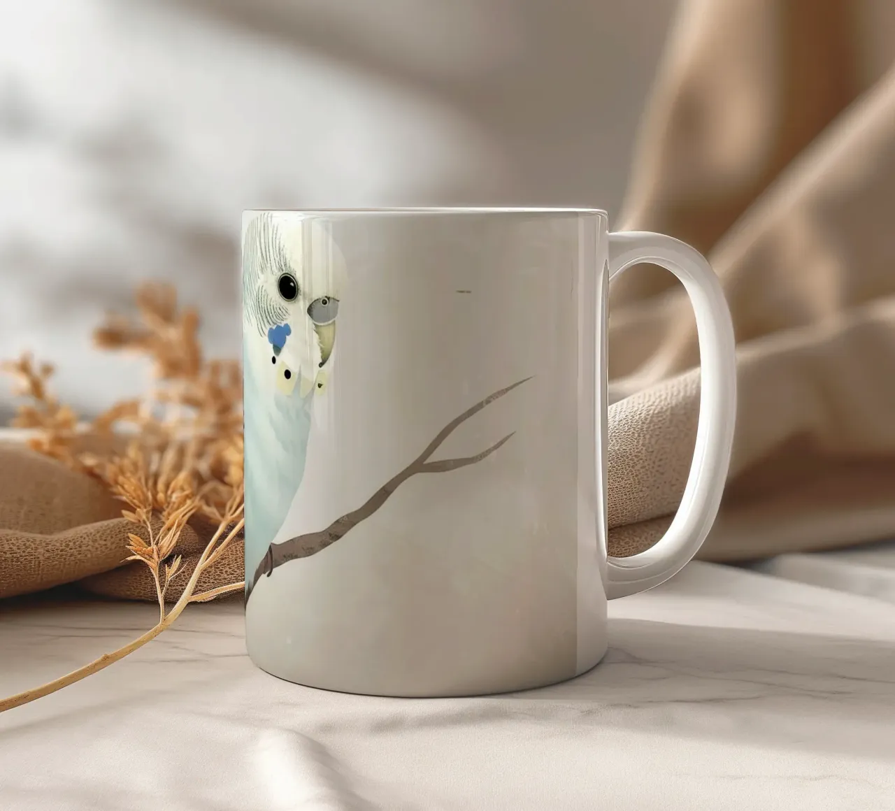 Budgerigar on Branch Beige Background ceramic mug by DesignDoodle
