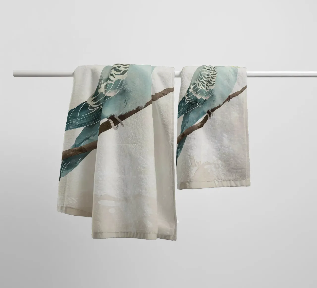 Budgerigar on Branch Beige Background towel by DesignDoodle