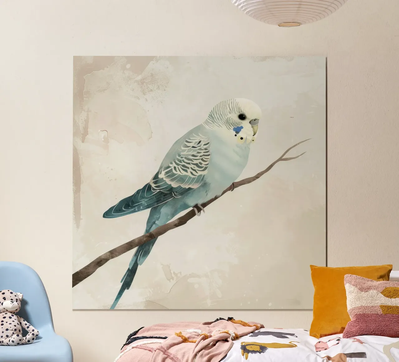 Wellensittich auf Zweig Beige Hintergrund Hahnemühle von DesignDoodle