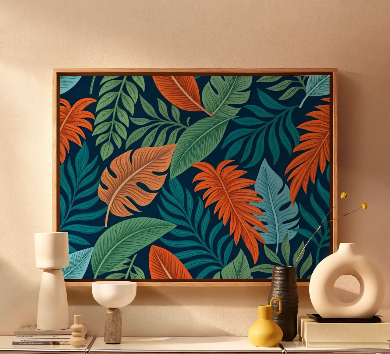 Sogno di fogliame tropicale: Motivo botanico lussureggiante tela con Cornice a cassetta da Artistic-shop