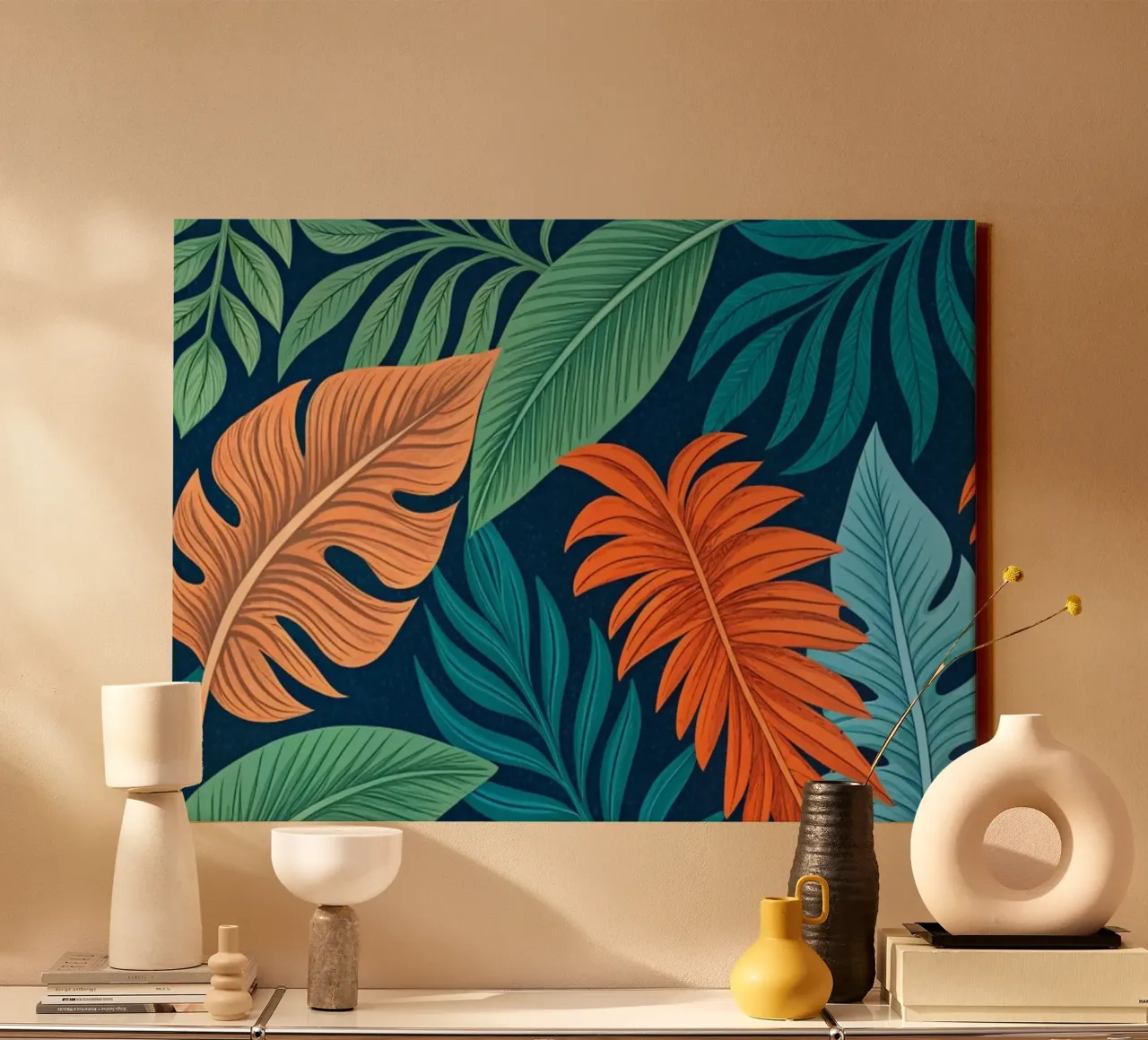 Sogno di fogliame tropicale: Motivo botanico lussureggiante tela con Cornice a cassetta da Artistic-shop