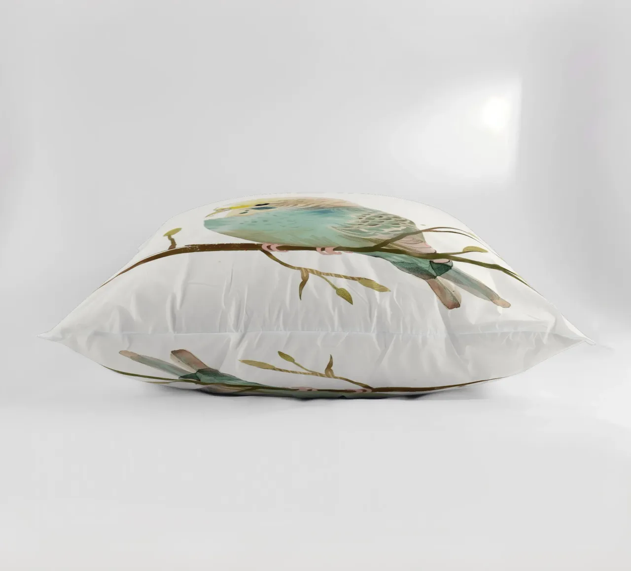 Budgerigar on Branch with Spring Buds decorative cushion by DesignDoodle
