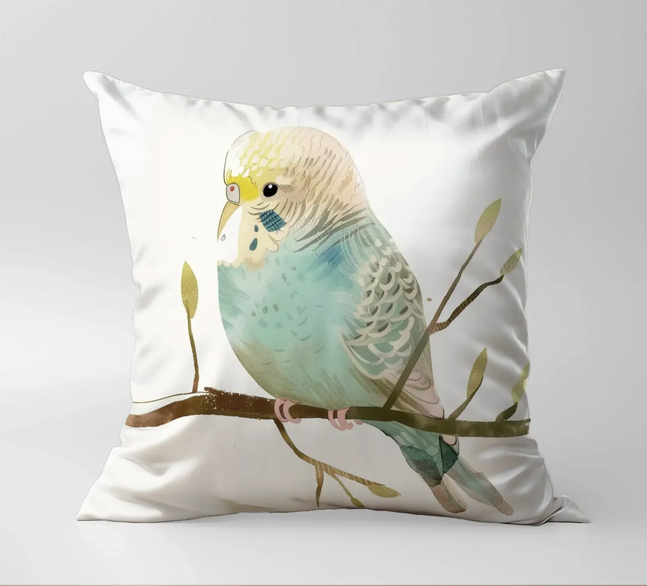 Budgerigar on Branch with Spring Buds decorative cushion by DesignDoodle