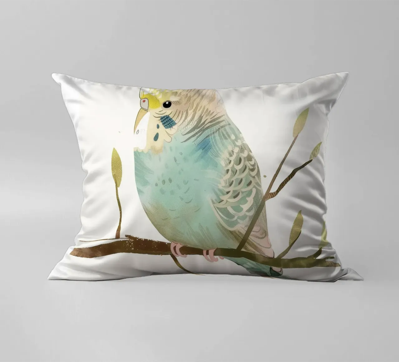 Budgerigar on Branch with Spring Buds decorative cushion by DesignDoodle