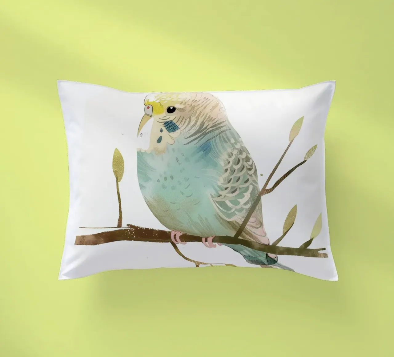 Budgerigar on Branch with Spring Buds decorative cushion by DesignDoodle