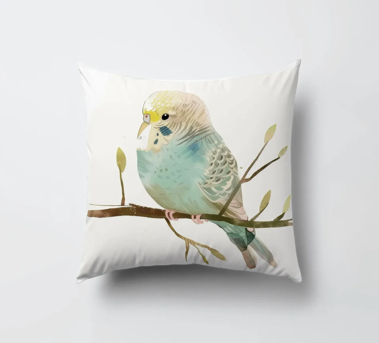 Budgerigar on Branch with Spring Buds decorative cushion by DesignDoodle