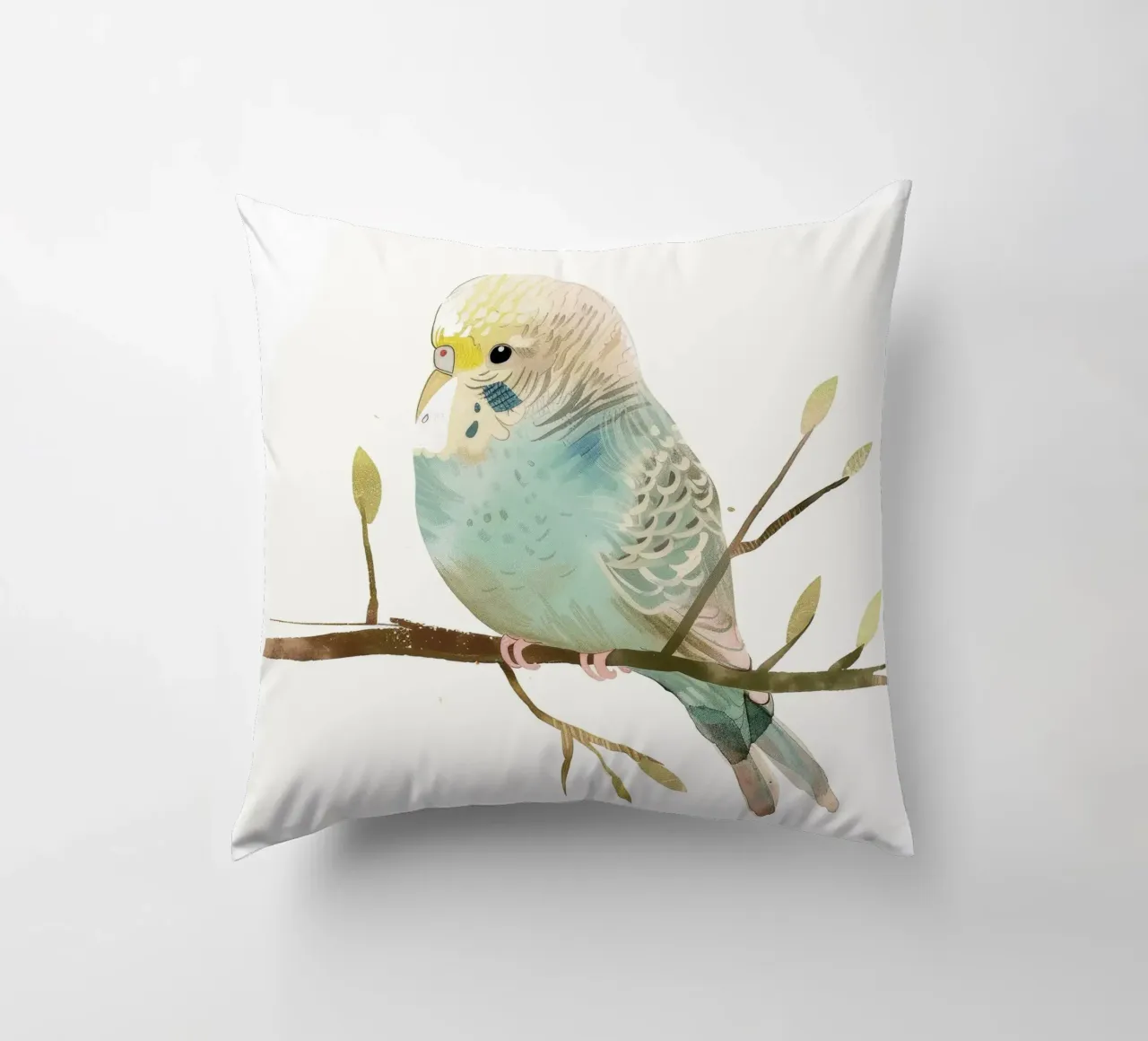 Budgerigar on Branch with Spring Buds decorative cushion by DesignDoodle