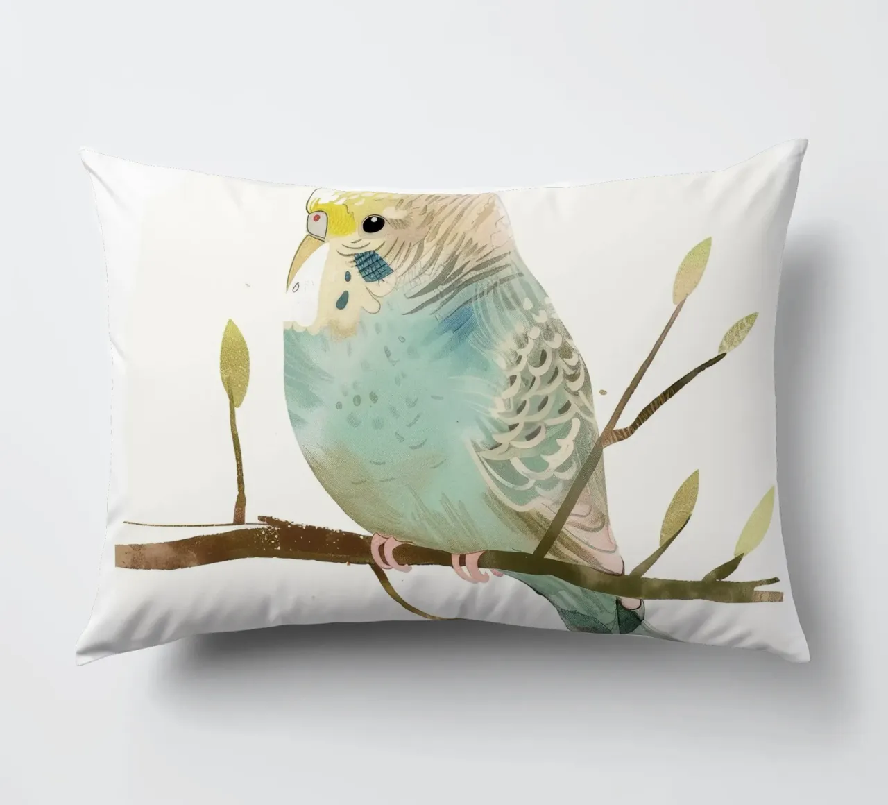 Budgerigar on Branch with Spring Buds decorative cushion by DesignDoodle