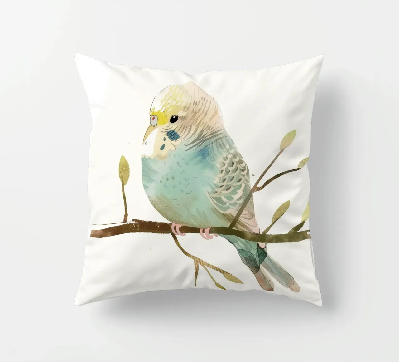 Budgerigar on Branch with Spring Buds decorative cushion by DesignDoodle
