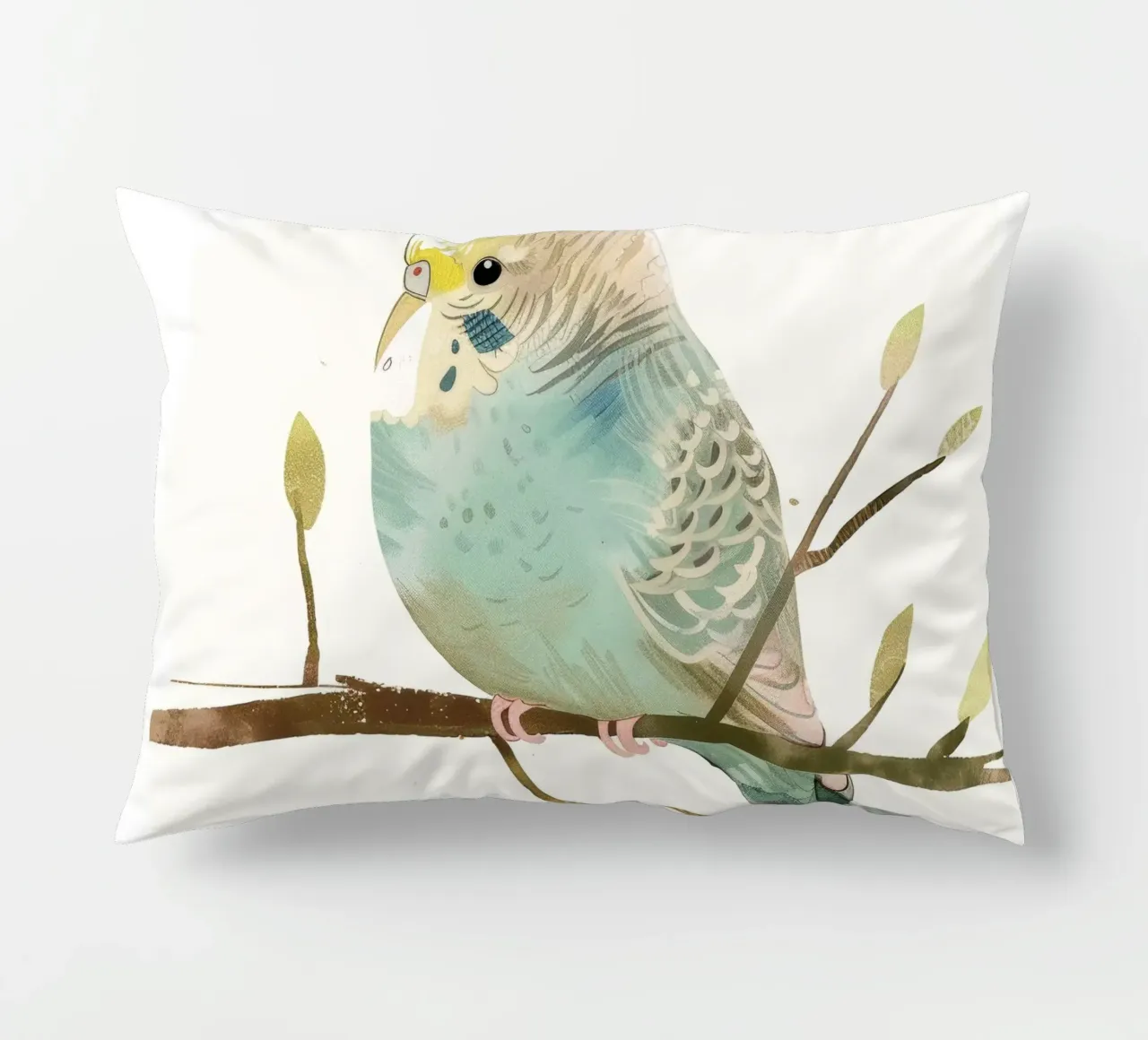 Budgerigar on Branch with Spring Buds decorative cushion by DesignDoodle