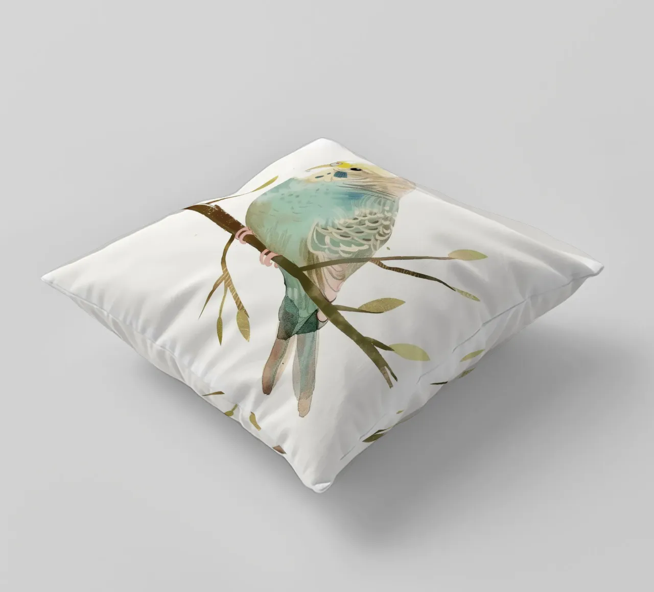 Budgerigar on Branch with Spring Buds decorative cushion by DesignDoodle