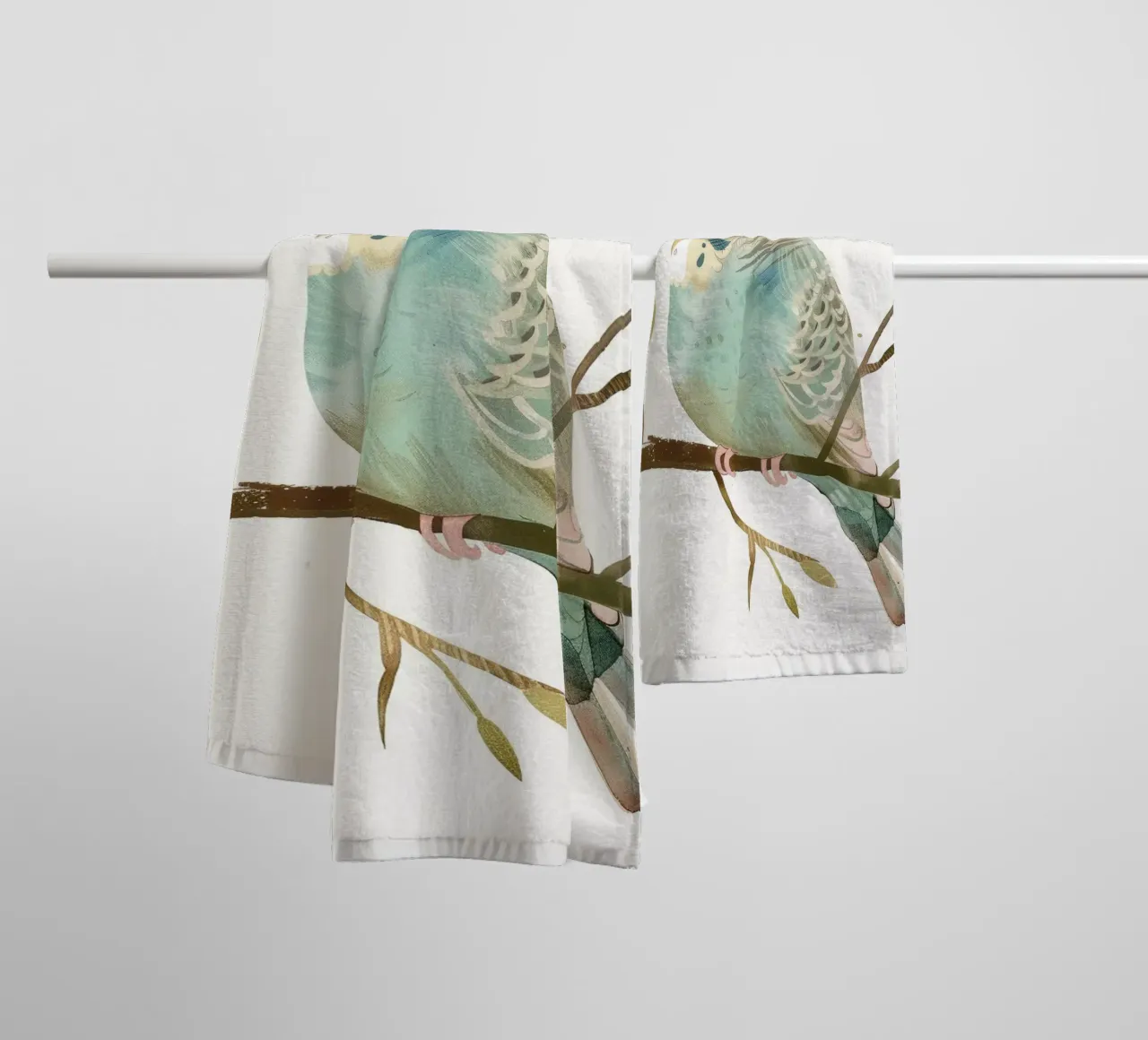Budgerigar on Branch with Spring Buds towel by DesignDoodle
